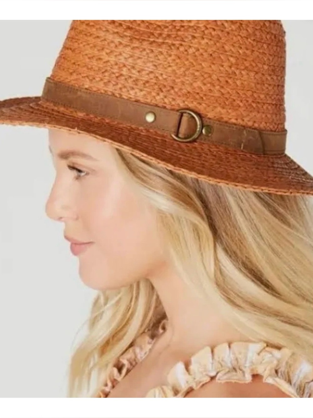NWOT Anthropologie Frye Raffia Panama Leather Band Hat In Toasted Brown Size S/M